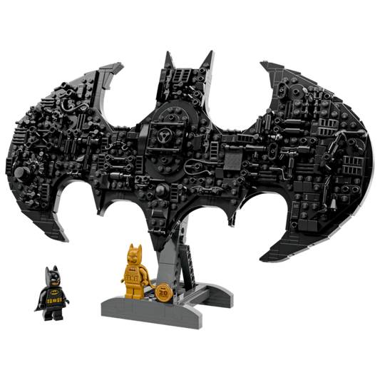 Lego Batman Logo 76330 brick built bat symbol display with Batman and Anniversary Batman minifigures