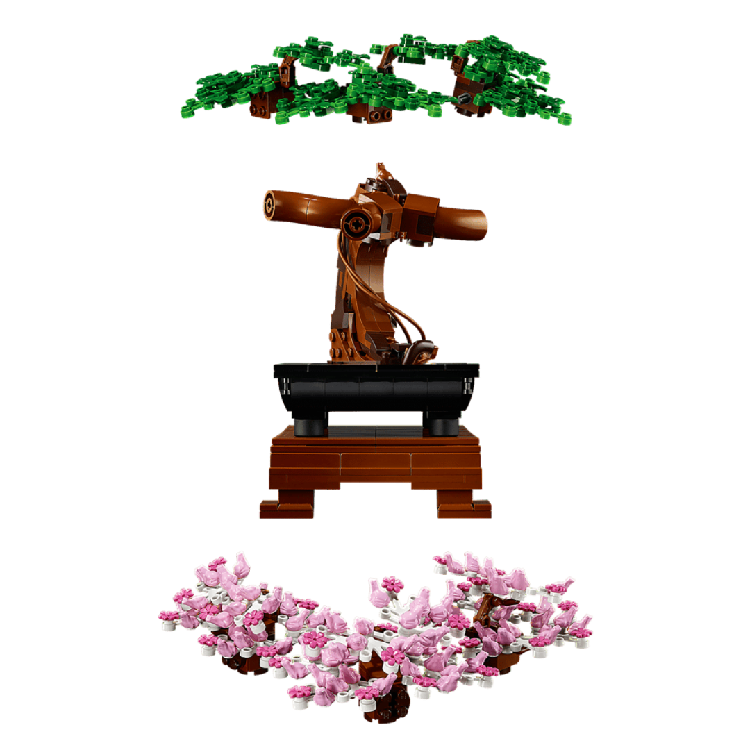 Lego Bonsai Tree 10281 botanical display set with interchangeable green leaves and pink cherry blossom branches pot and wooden slatted display stand