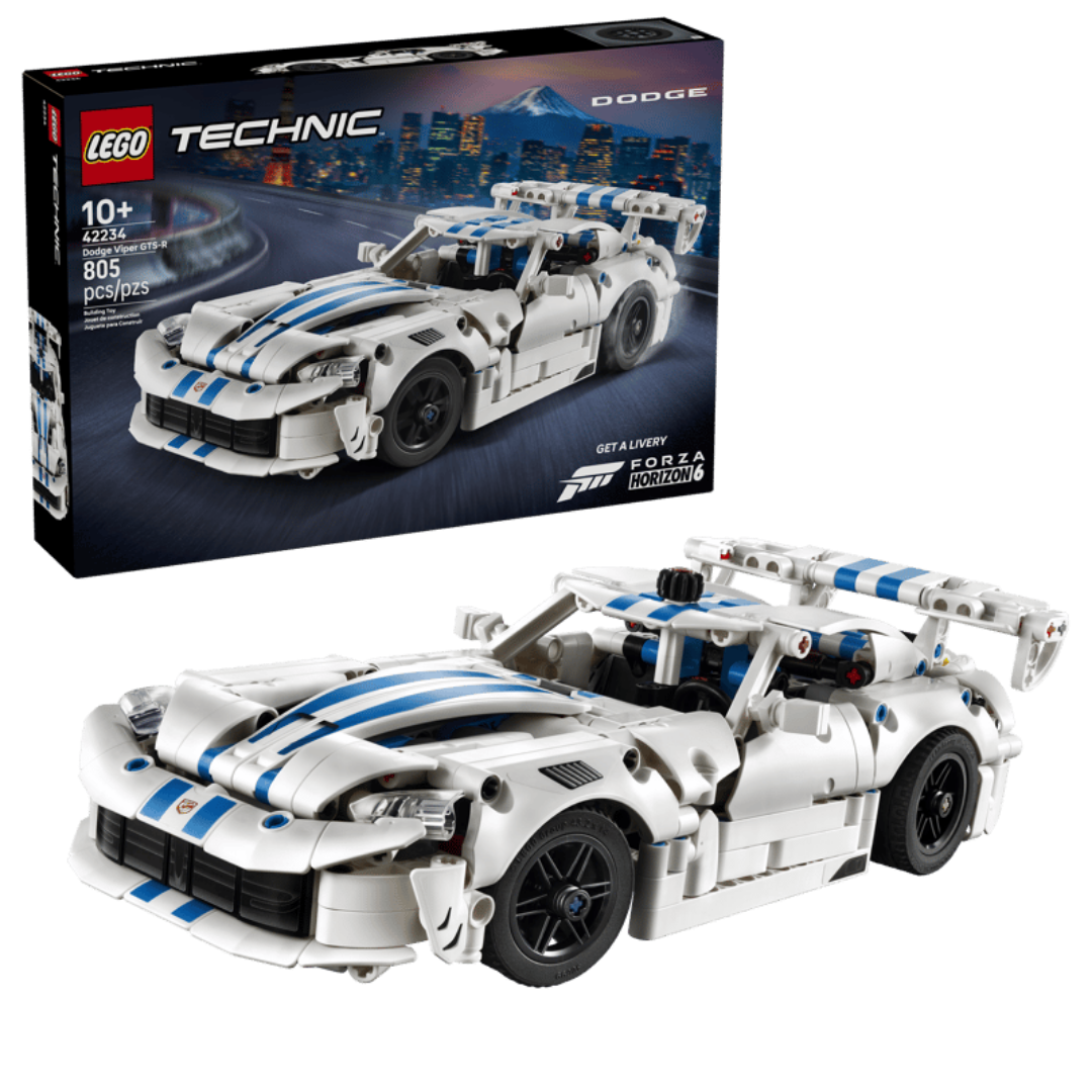 Lego Technic Dodge Viper GTS-R 42234 completed racing car displayed beside its retail box