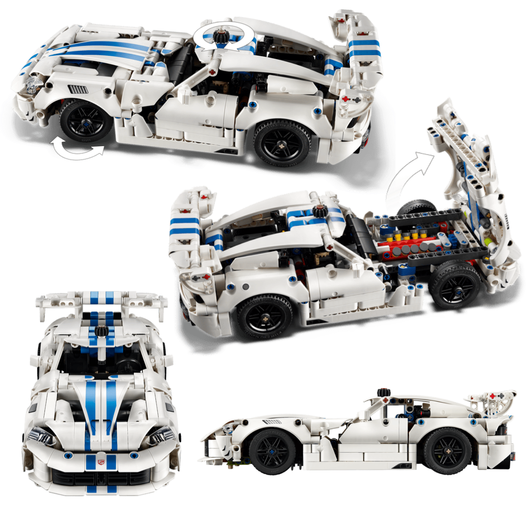Lego Dodge Viper GTS-R 42234 showing working steering, opening hood and doors, V10 engine, and side profile