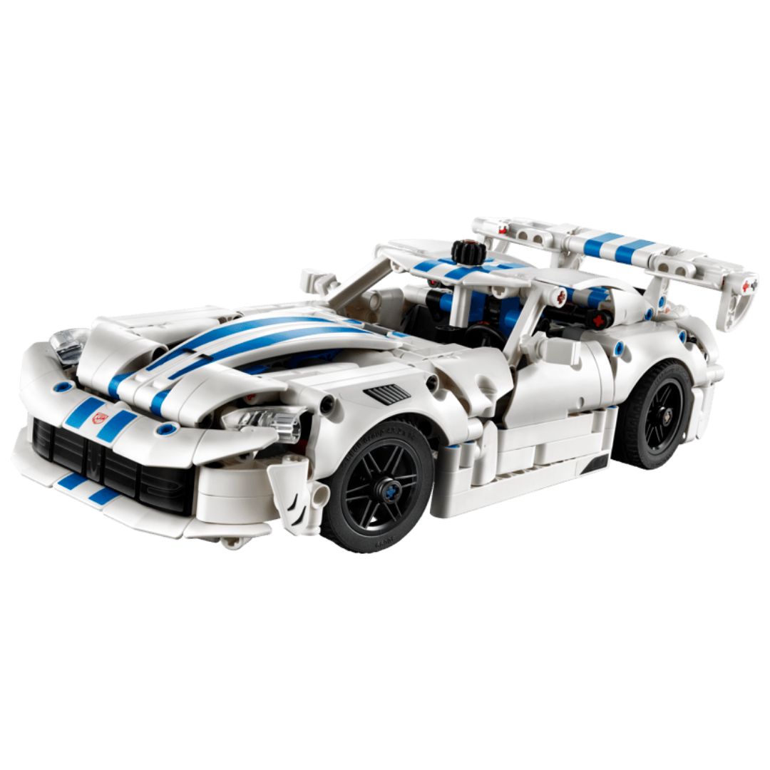 Lego Technic Dodge Viper GTS-R 42234 with white bodywork, blue racing stripes, black wheels, and large rear spoiler