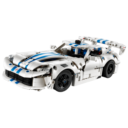 Lego Technic Dodge Viper GTS-R 42234 with white bodywork, blue racing stripes, black wheels, and large rear spoiler