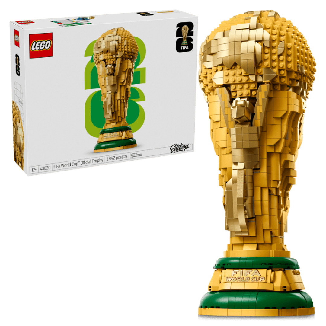 Lego FIFA World Cup Official Trophy 43020 retail box beside the completed brick-built trophy display model