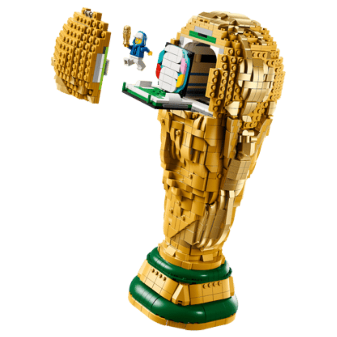 Lego FIFA World Cup Official Trophy 43020 hidden interior display with football field build and trophy-holding minifigure