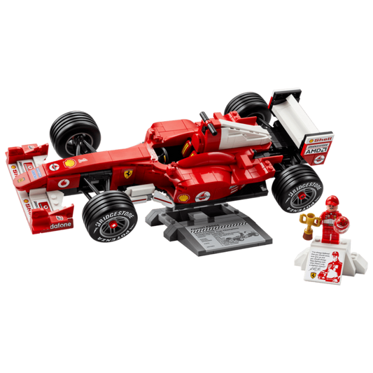 Lego Ferrari F2004 and Michael Schumacher 11375 display model with race car, stand, trophy, and minifigure