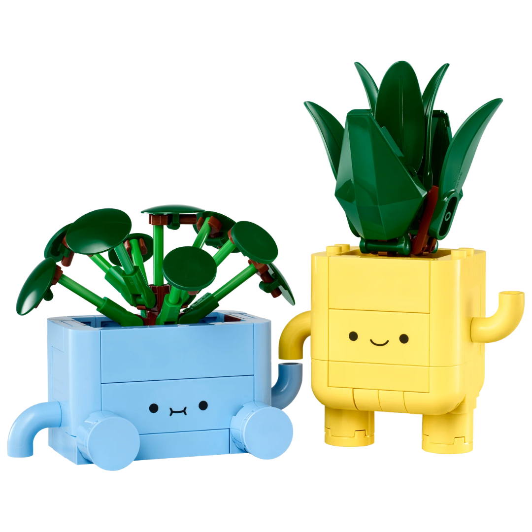 Lego Happy Plants 10349 with baby pilea and baby dracaena in blue and yellow smiling pots