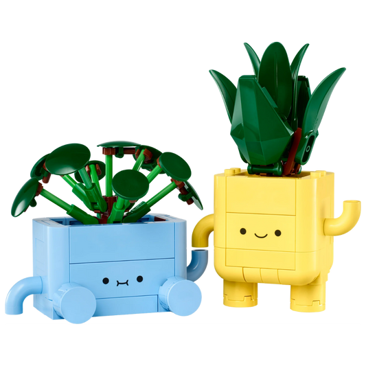 Lego Happy Plants 10349 with baby pilea and baby dracaena in blue and yellow smiling pots