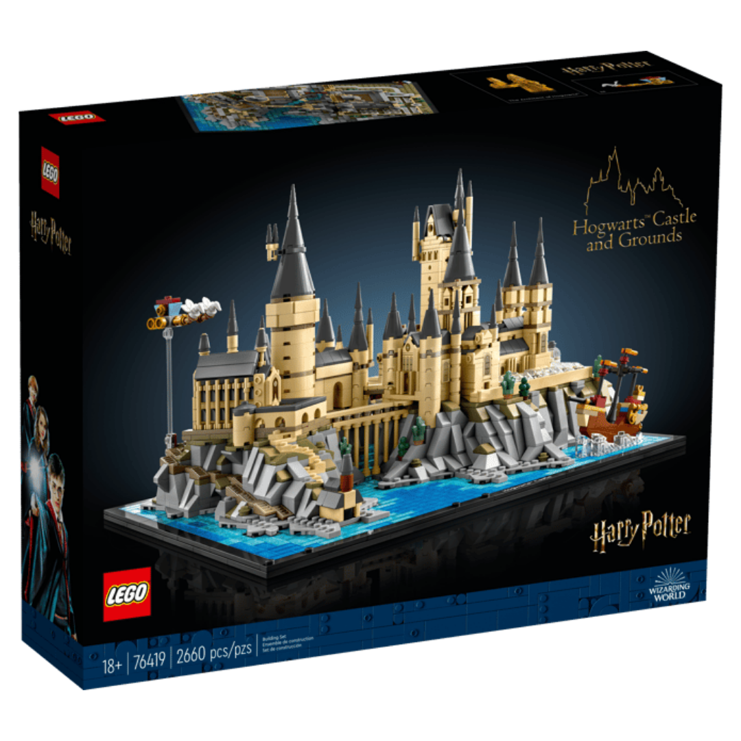 Lego Harry Potter Hogwarts Castle and Grounds 76419 retail box with completed microscale Hogwarts display model