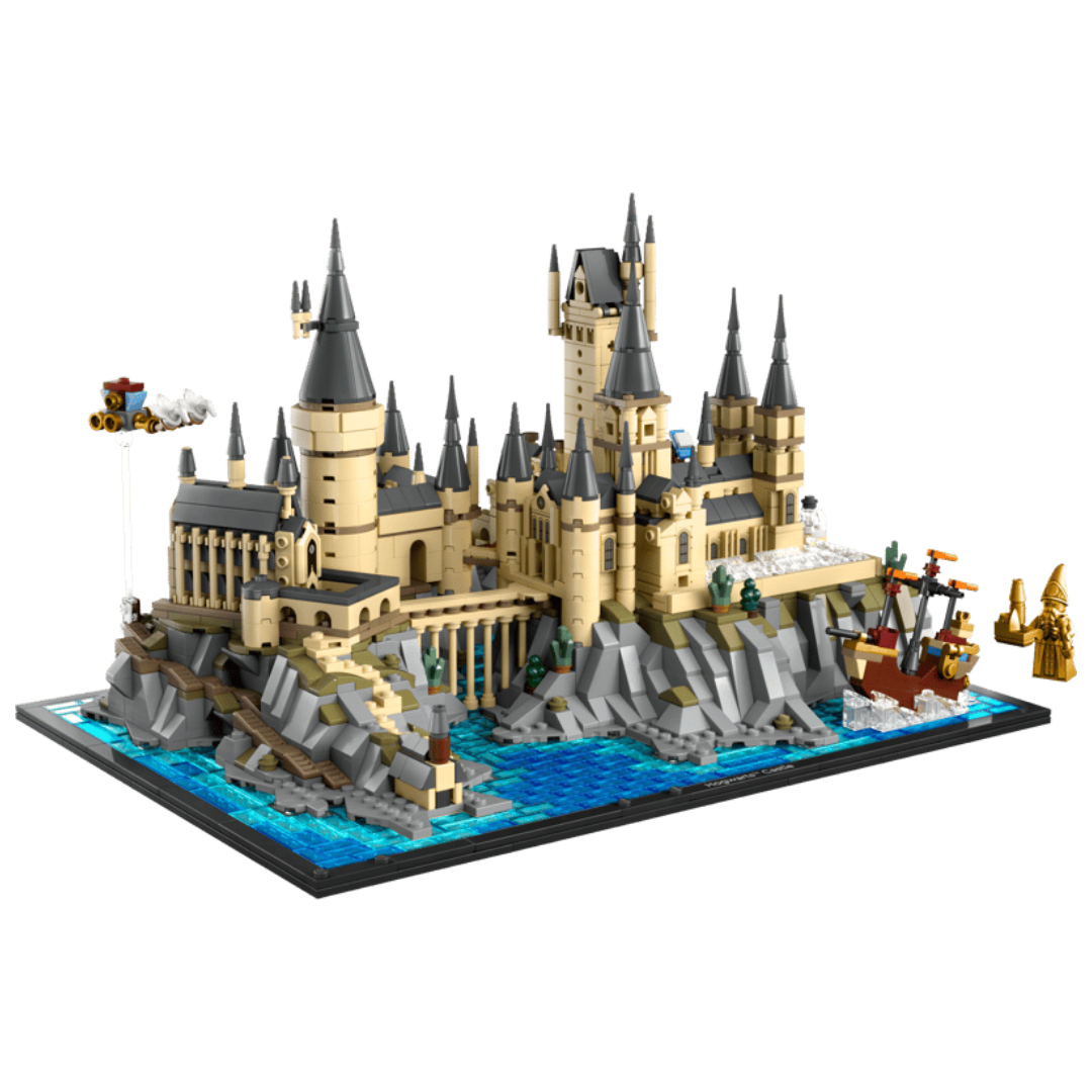 Lego Harry Potter Hogwarts Castle and Grounds 76419 microscale castle display with Black Lake, Durmstrang Ship, and architect statue
