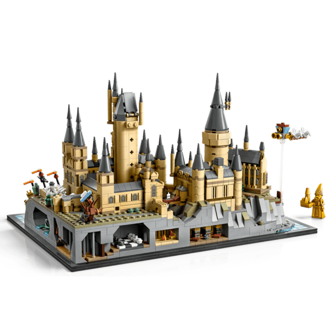 Lego Harry Potter Hogwarts Castle and Grounds 76419 rear view showing castle structure, interior sections, and grounds details