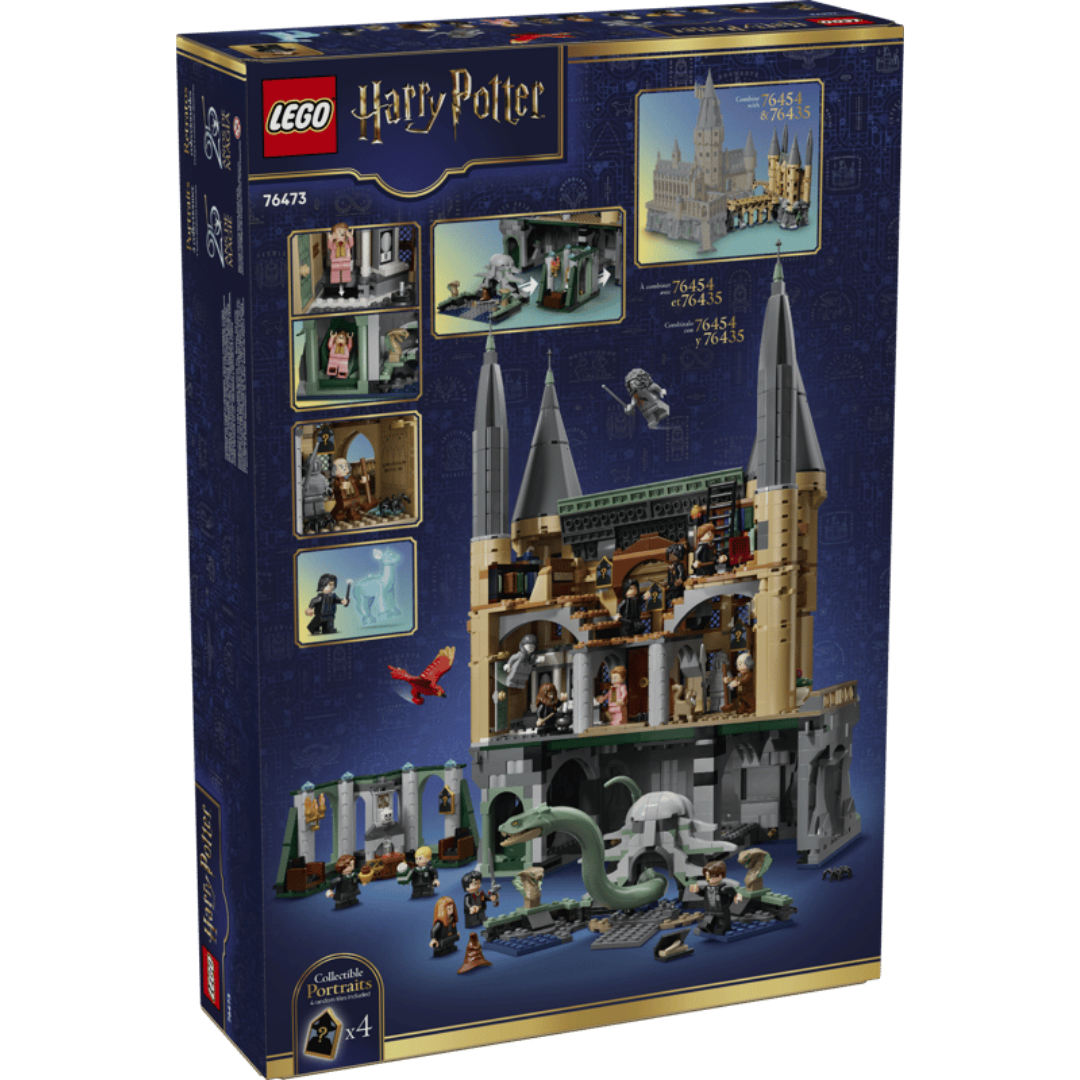Back of Lego Hogwarts East Wing 76473 box showing interior rooms, modular connections, portraits, and character scenes