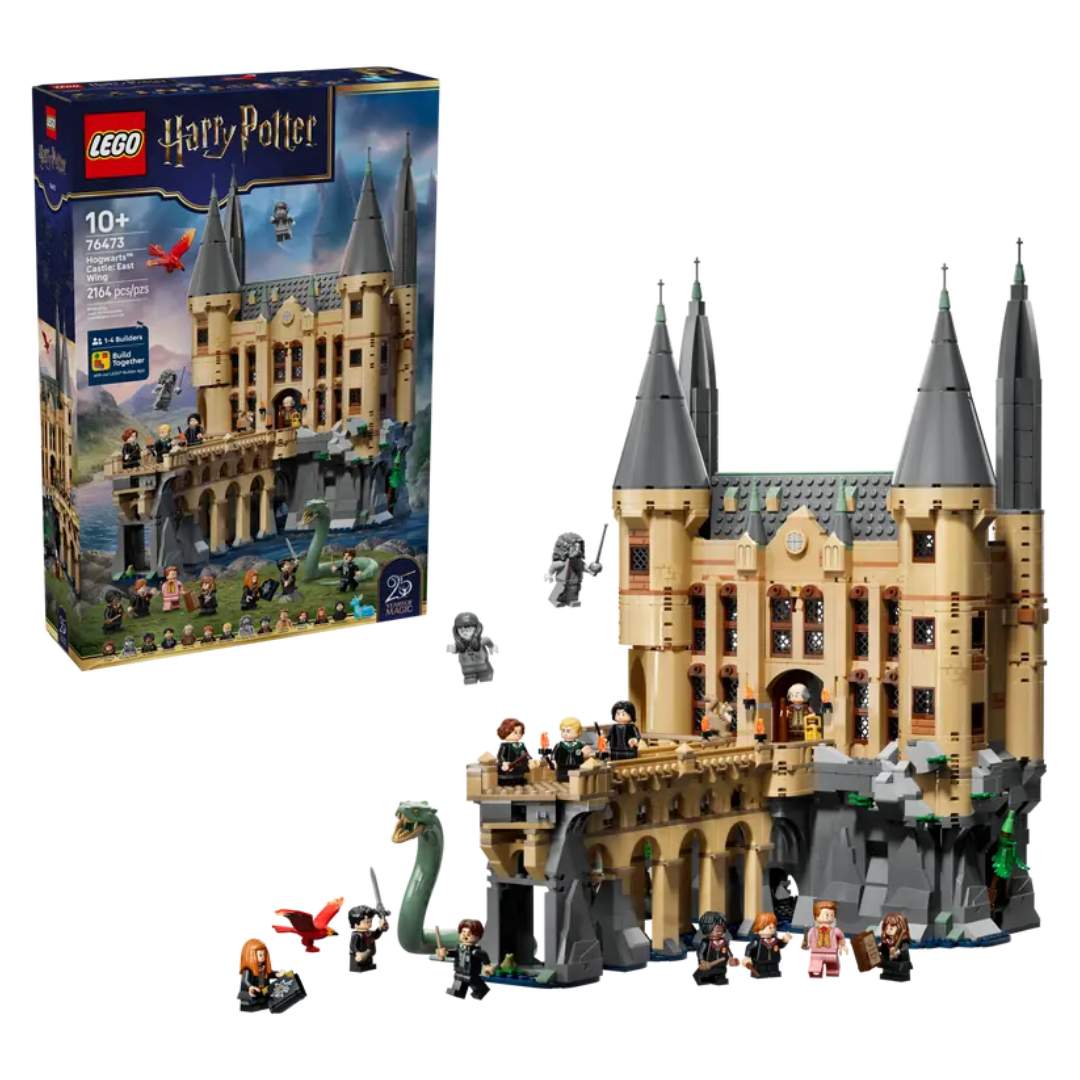 Lego Hogwarts Castle East Wing 76473 retail box beside the completed castle model and character figures