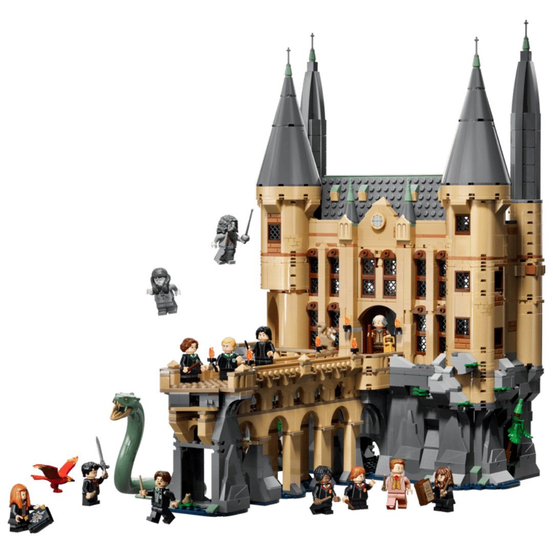 Lego Hogwarts Castle East Wing 76473 exterior with bridge, towers, 13 minifigures, Basilisk, and Fawkes