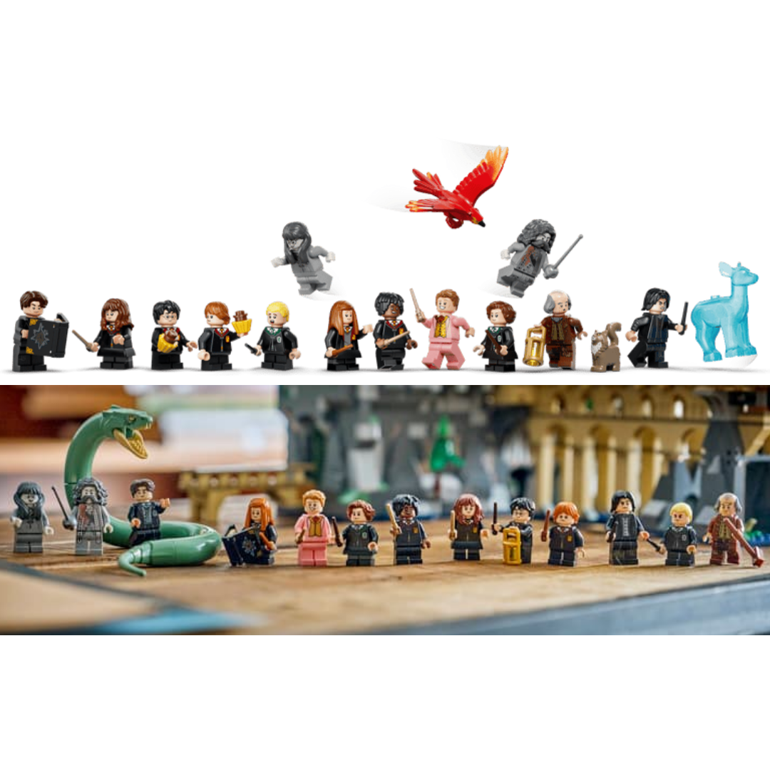 Lego Hogwarts East Wing 76473 character lineup with minifigures, Basilisk, Fawkes, Doe Patronus, and Mrs. Norris