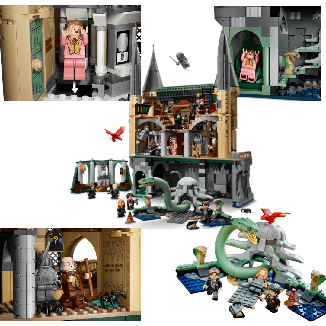 Lego Hogwarts East Wing 76473 interior showing the secret slide, Chamber of Secrets, Slytherin room, and library