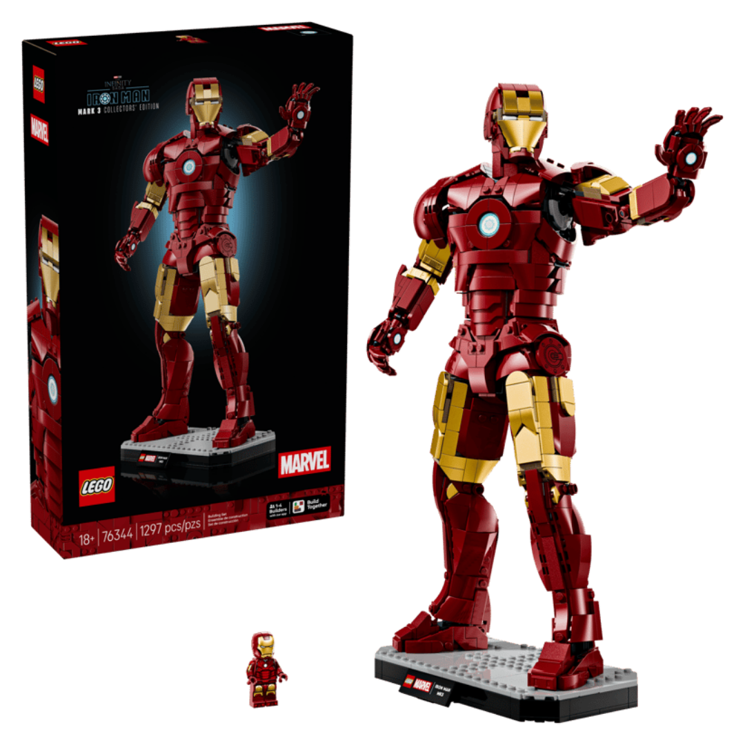 Lego Iron Man Mark 3 Collectors' Edition 76344 boxed set beside completed large-scale display model