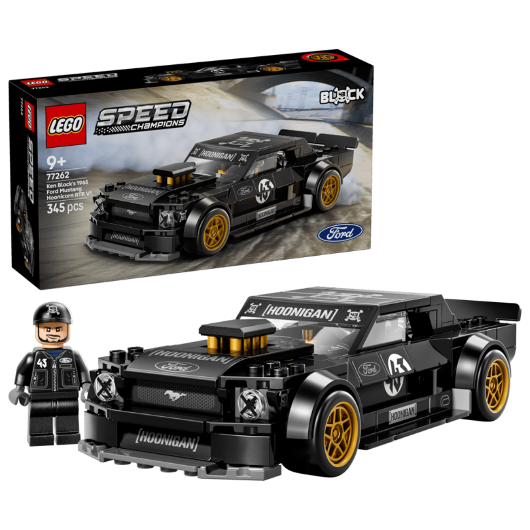Lego Speed Champions Hoonicorn V1 77262 with retail box, completed car, and Ken Block minifigure