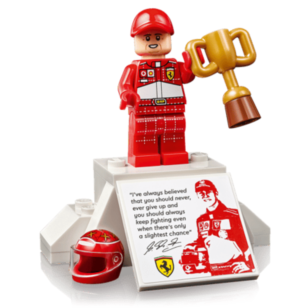 Lego Ferrari F2004 and Michael Schumacher 11375 Michael Schumacher minifigure with trophy, helmet, and quote display plaque
