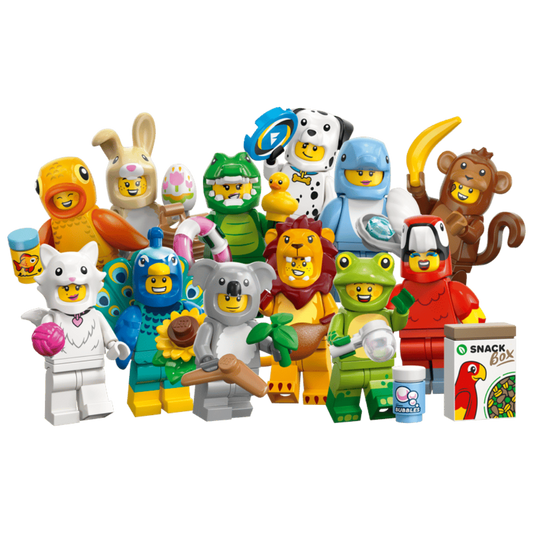 Complete Lego Minifigures Series 28 lineup showing all 12 animal-costume characters with themed accessories