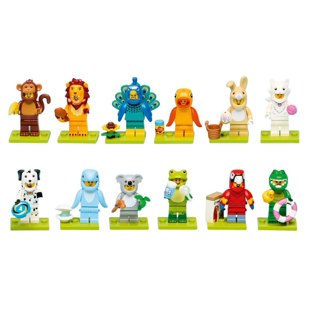 Group display of all 12 Lego Minifigures Series 28 animal characters with colourful themed accessories