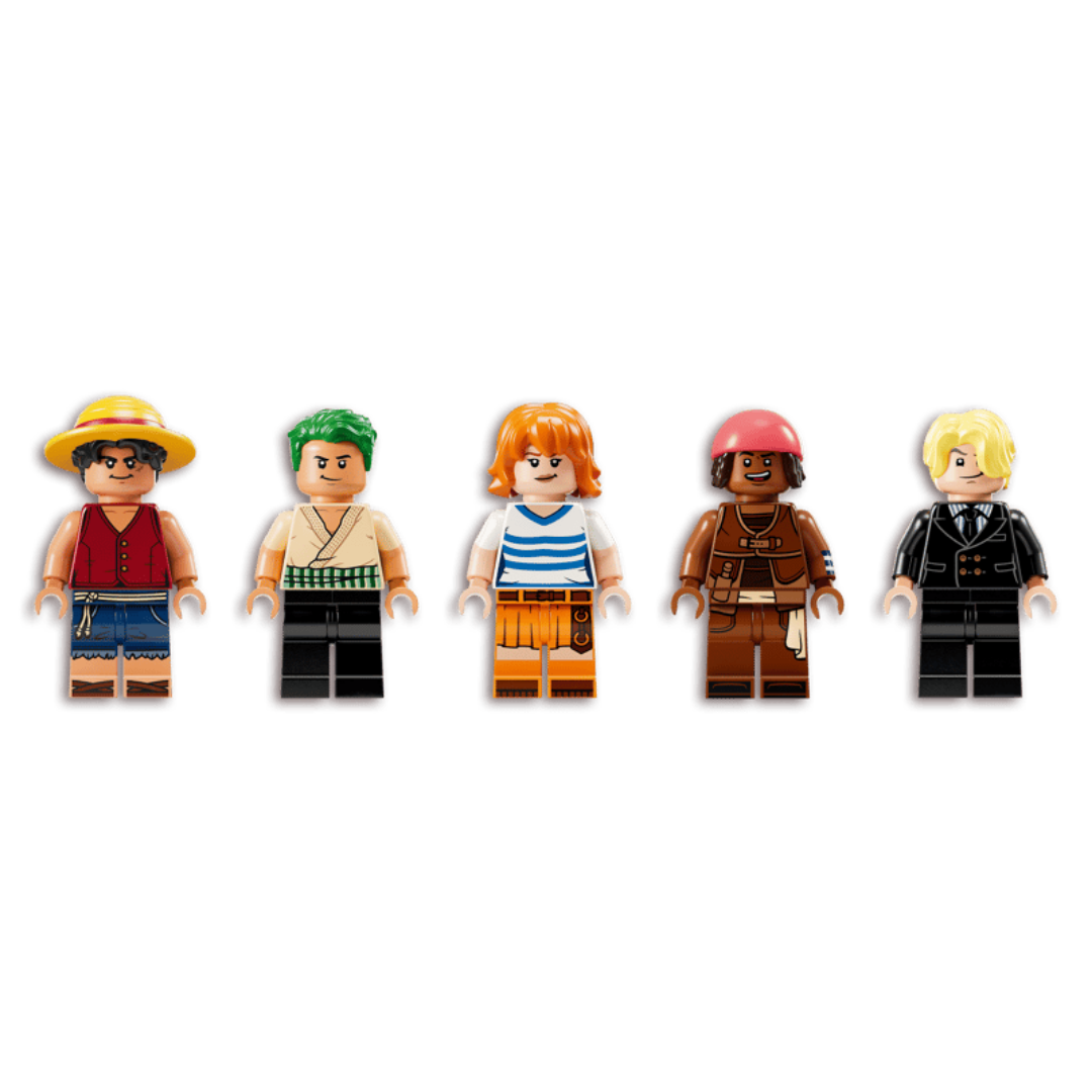 LEGO One Piece 75639 minifigures featuring Luffy, Zoro, Nami, Usopp, and Sanji