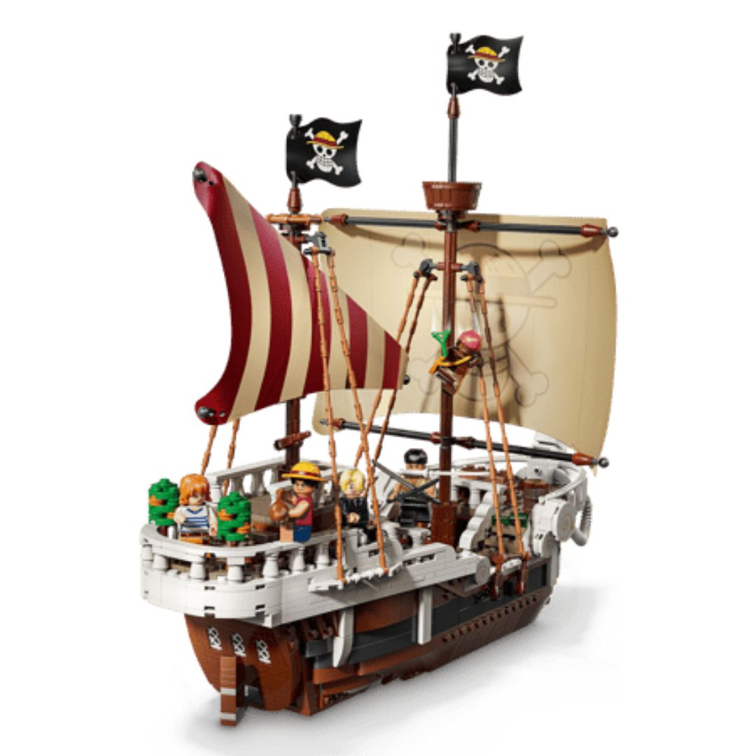 LEGO One Piece The Going Merry Pirate Ship 75639 rear angled view showing sails, deck, and crew details
