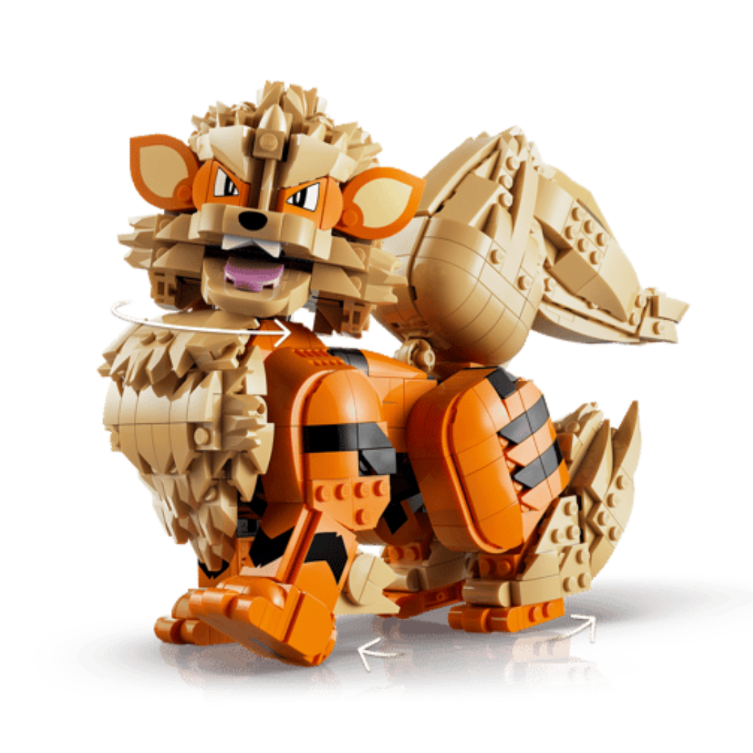 Lego Pokemon Arcanine 72160 showing movable legs, feet, neck, head, mouth, and tail for dynamic poses