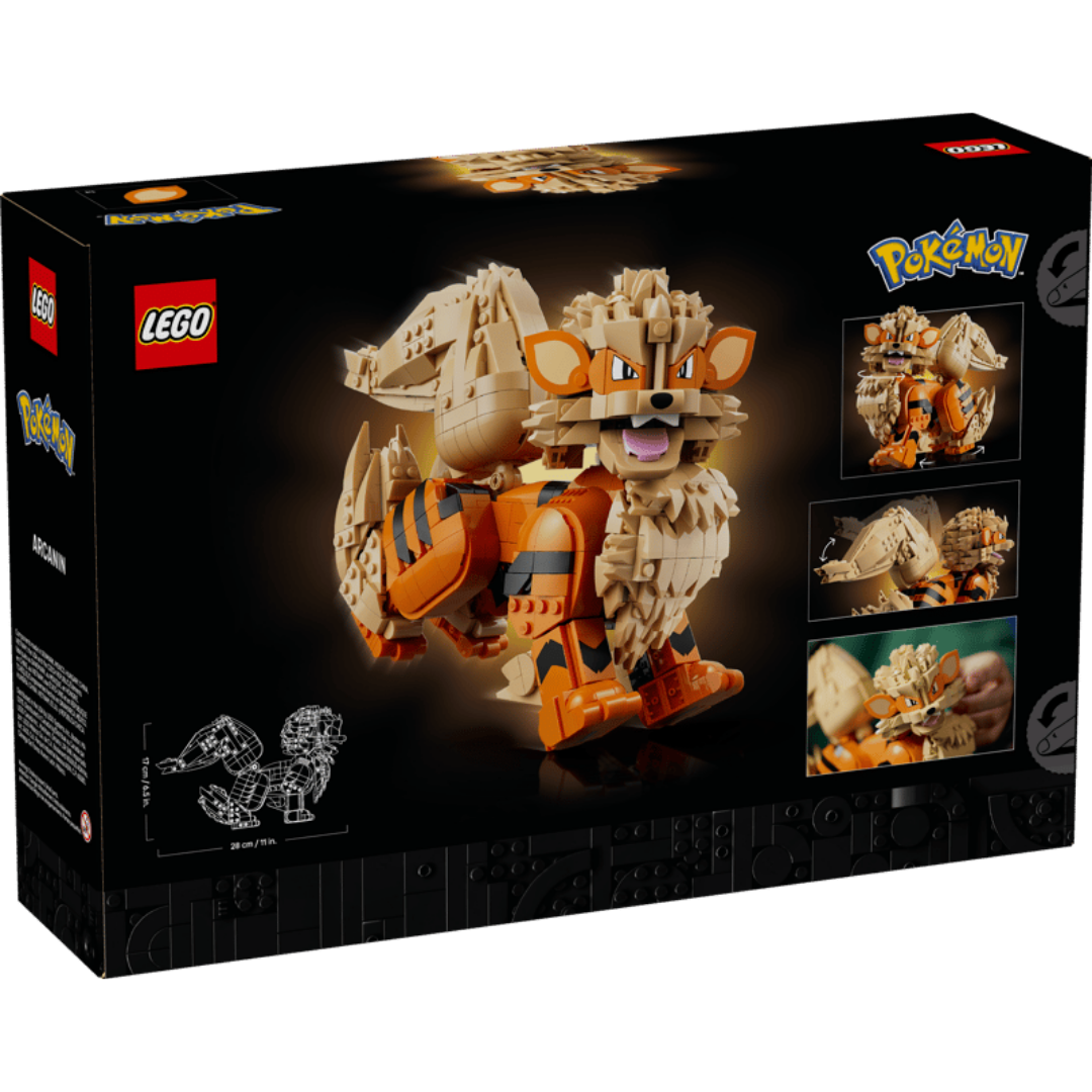 Back of Lego Pokemon Arcanine 72160 box showing articulation, dimensions, and alternate display poses