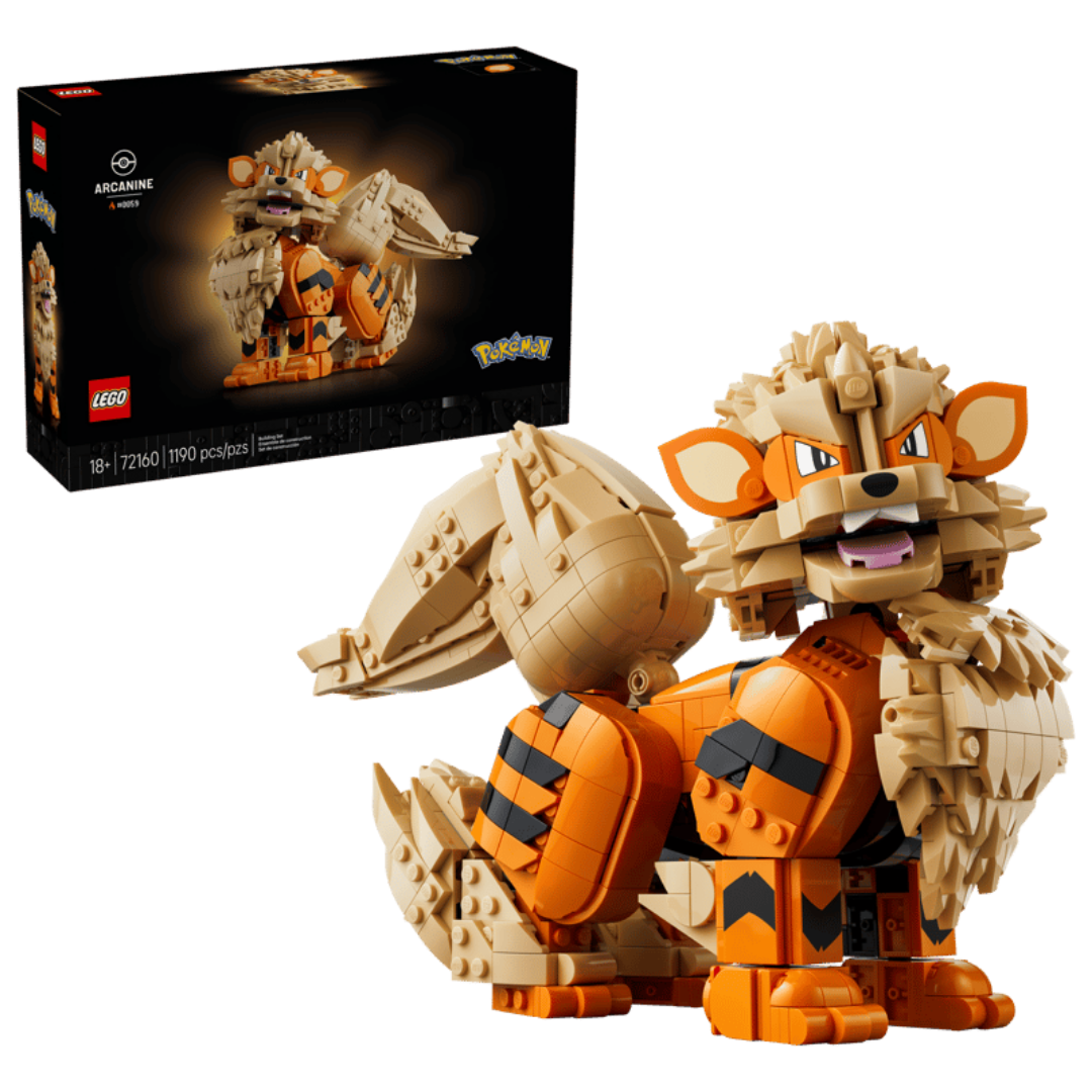 Lego Pokemon Arcanine 72160 retail box beside the completed 1,190-piece articulated display figure