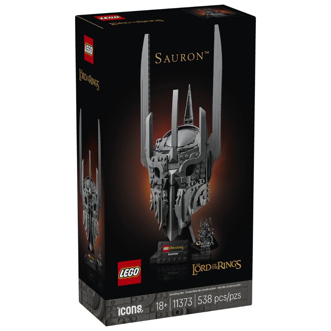 Lego The Lord of the Rings Sauron's Helmet 11373 retail box showing the helmet display model and Sauron minifigure