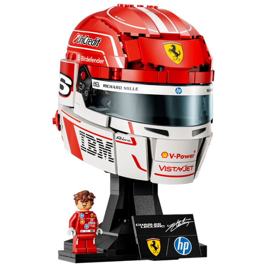 Lego Scuderia Ferrari HP Charles Leclerc Helmet 43014 angled view with minifigure, Ferrari branding, and display stand