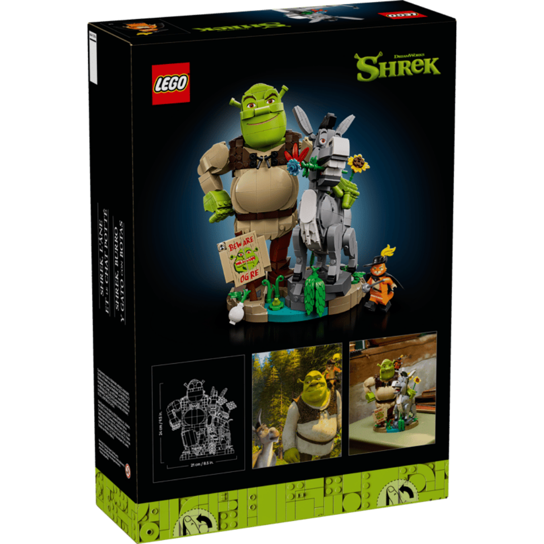 Back of Lego Shrek Donkey and Puss in Boots 72423 box showing dimensions, film inspiration, and completed display