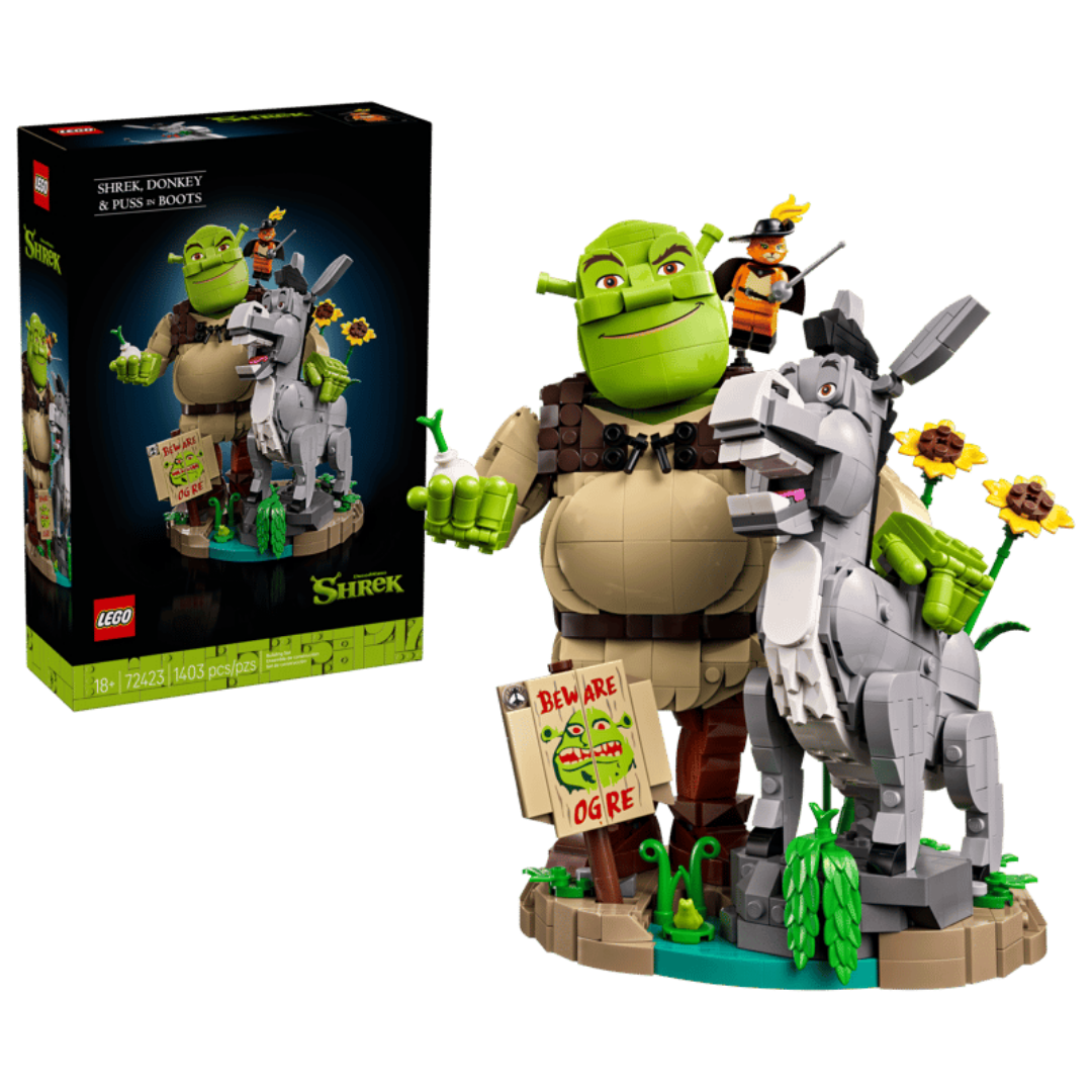 Lego Shrek Donkey and Puss in Boots 72423 retail box beside the completed character display model