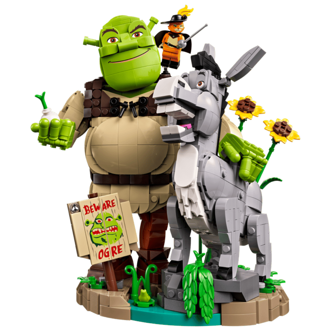 Lego Shrek Donkey and Puss in Boots 72423 with swamp base, Beware Ogre sign, onion, and sunflowers