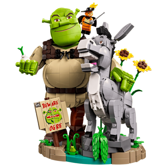 Lego Shrek Donkey and Puss in Boots 72423 with swamp base, Beware Ogre sign, onion, and sunflowers