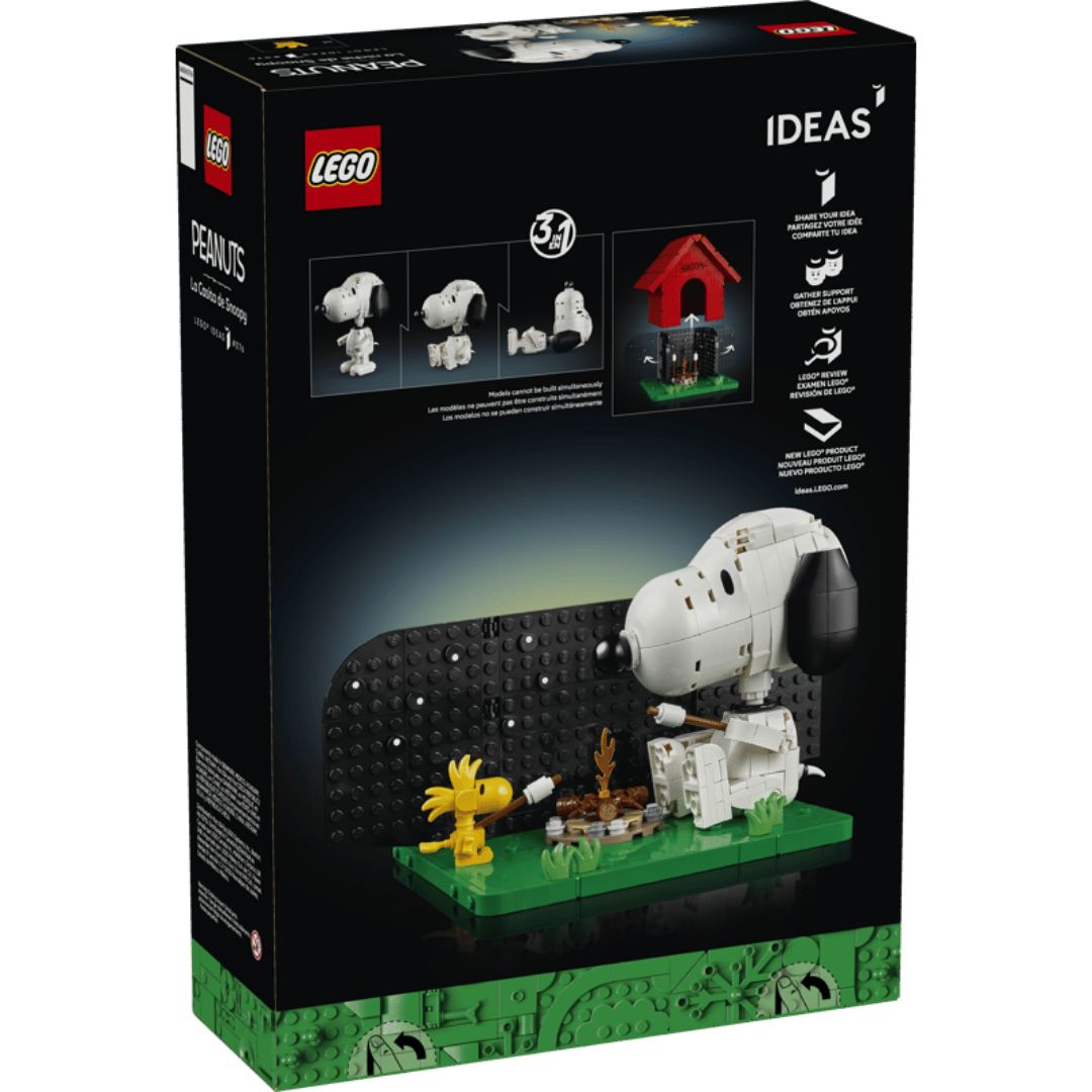 Back of the Lego Snoopy's Doghouse 21368 box showing alternate Snoopy poses and the open campfire scene