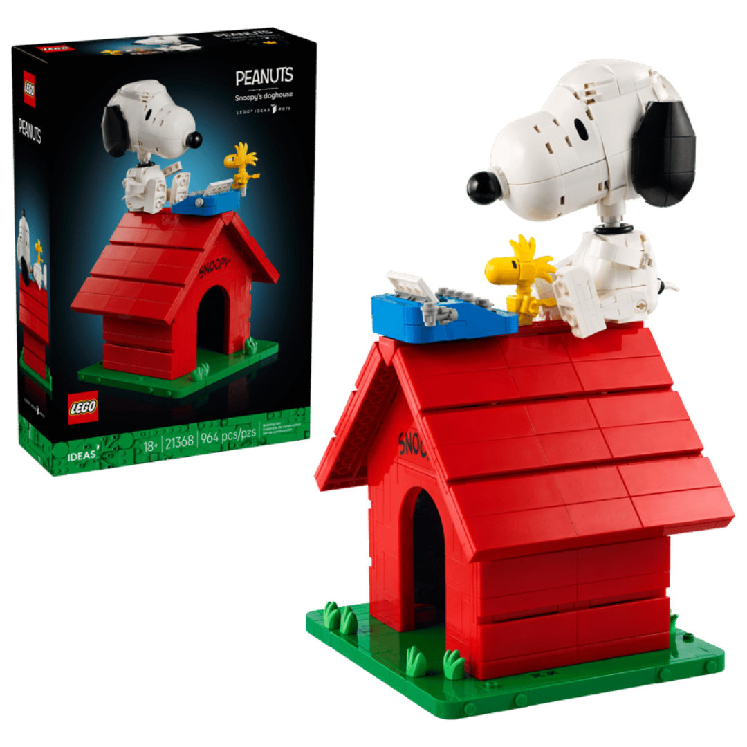 Lego Snoopy's Doghouse 21368 retail box beside the completed red doghouse with Snoopy and Woodstock