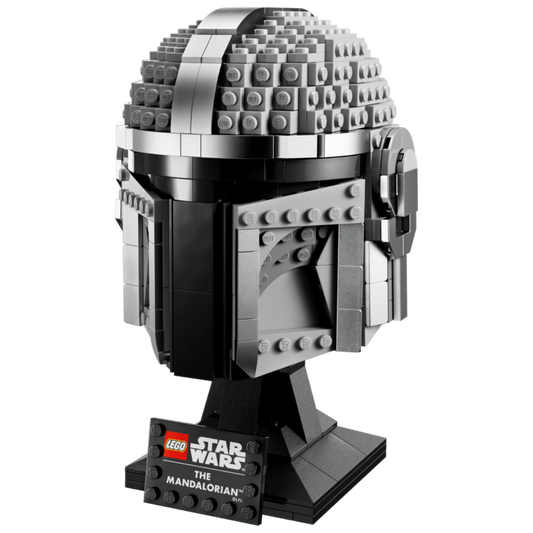 Lego Star Wars The Mandalorian Helmet 75328 brick-built display model with stand and nameplate