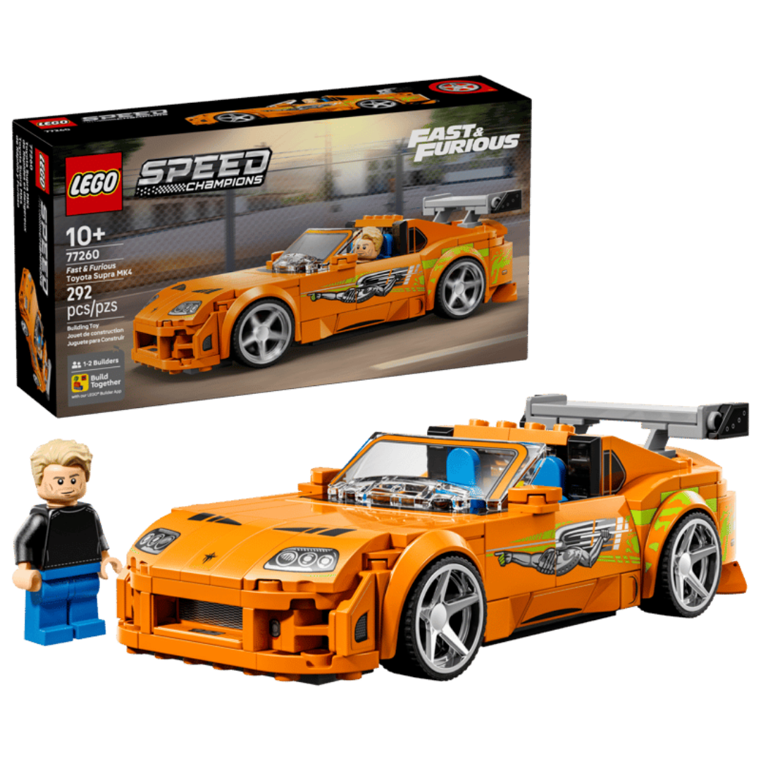 Lego Fast & Furious Toyota Supra MK4 77260 retail box with completed orange car and Brian O’Conner minifigure
