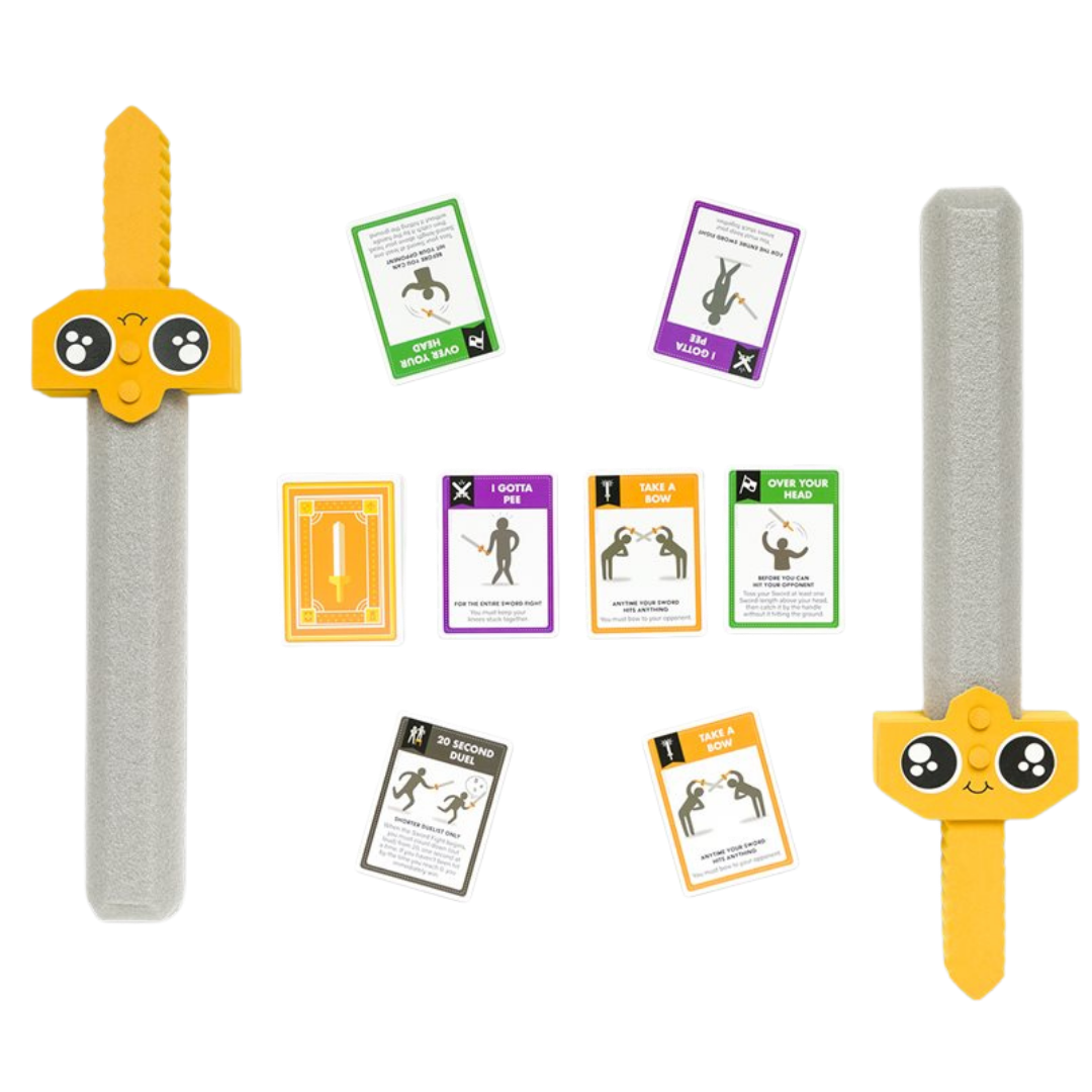 Let's Hit Each Other With Fake Swords party card game with foam swords and family gameplay