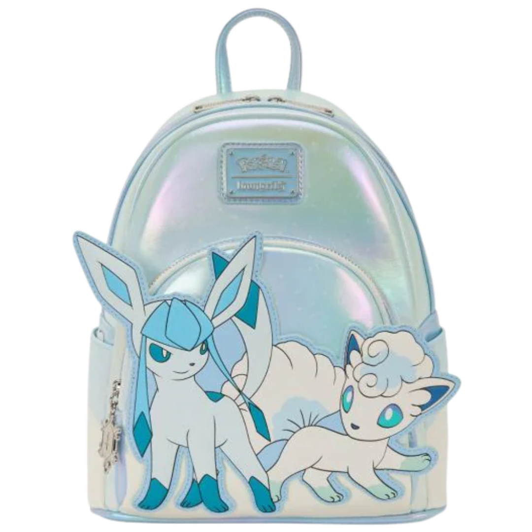 Loungefly Pokemon Ice Type Mini Backpack with Glaceon and Alolan Vulpix, pearlescent blue snowflake design