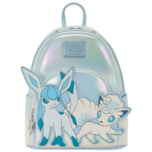 Loungefly Pokemon Ice Type Mini Backpack with Glaceon and Alolan Vulpix, pearlescent blue snowflake design