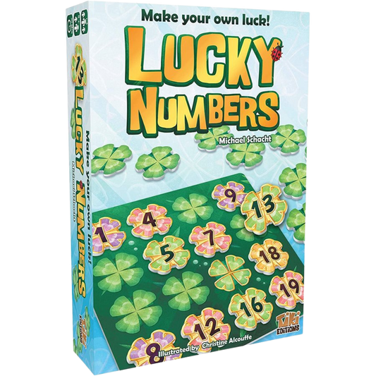 Lucky Numbers board game with clover tiles arranged on player garden boards