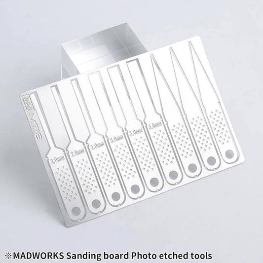 Madworks MT-18 Sanding Board – precision photo-etched tool for model kits, gunpla, and miniatures, designed for fine sanding and detailing with pointed and flat edges