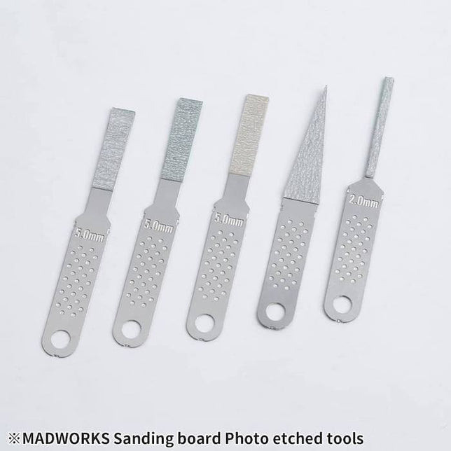 Madworks MT-18 Sanding Board – precision photo-etched tool for model kits, gunpla, and miniatures, designed for fine sanding and detailing with pointed and flat edges with adhesive sanding paper on them