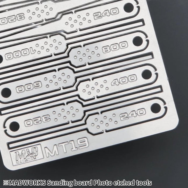 Madworks MT-19 Sanding Board – precision photo-etched tool for model kits, gunpla, and miniatures, designed for fine sanding and detailing with pointed and flat edges.