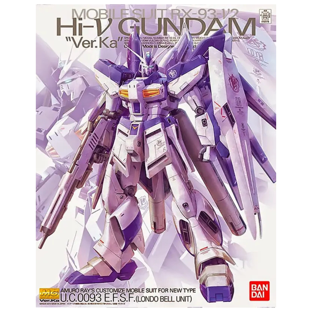 Bandai MG RX-93-ν2 Hi-ν Gundam Ver.Ka box art featuring Amuro Ray’s mobile suit with Fin Funnels and purple-white color scheme