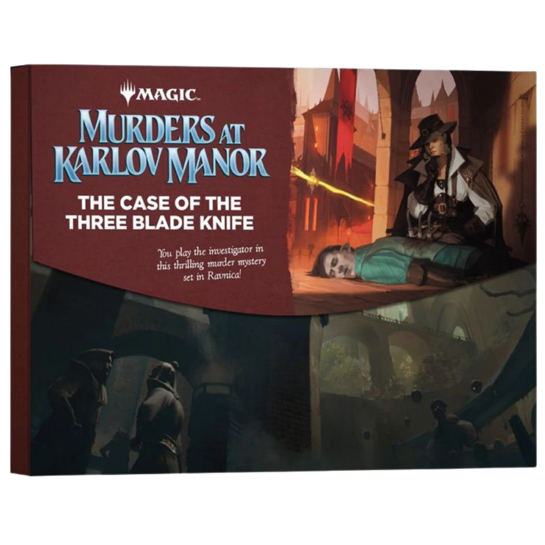 MTG Murders at Karlov Manor The Case of the Three Blade Knife mystery game with Ravnica evidence and badge
