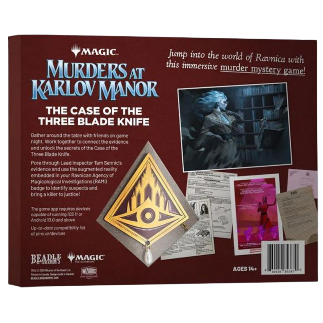 MTG Murders at Karlov Manor The Case of the Three Blade Knife mystery game with Ravnica evidence and badge accessories 