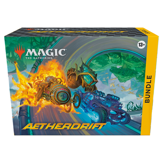 MTG Aetherdrift Bundle featuring 9 Play Boosters, 30 Basic Land cards (including Full-Art), exclusive Traditional Foil card, oversized Spindown life counter, and more. Perfect for collectors and Magic: The Gathering fans.